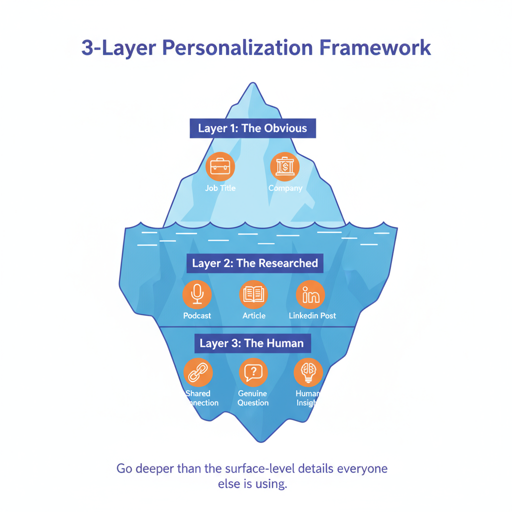 A diagram showing the 3 Layers of Personalization: Obvious, Researched, and Human.
