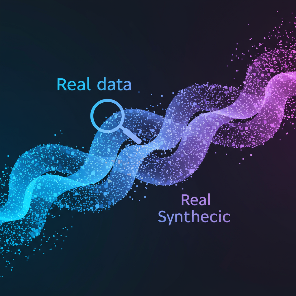 An abstract visualization of data streams, some real and some synthetic, illustrating the challenge of distinguishing them.