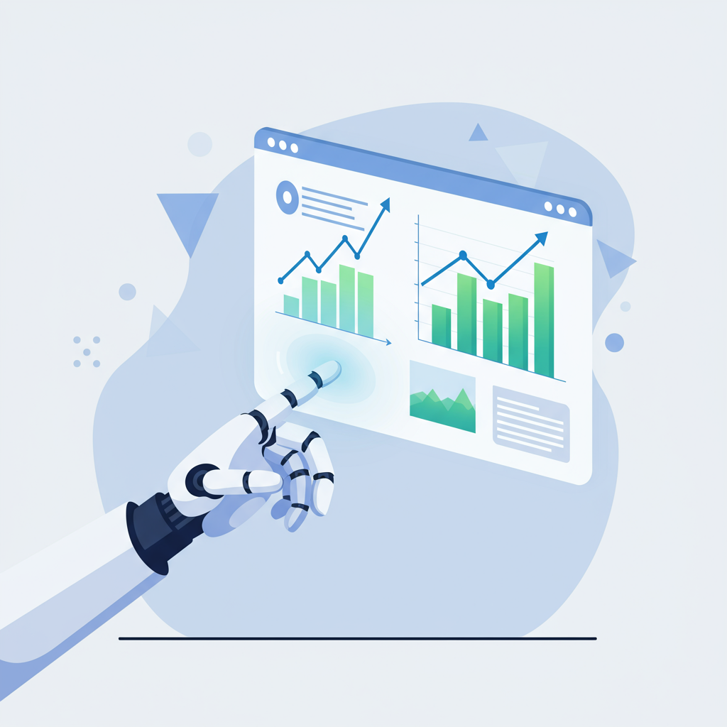 An AI robot hand pointing to a high converting landing page graph.