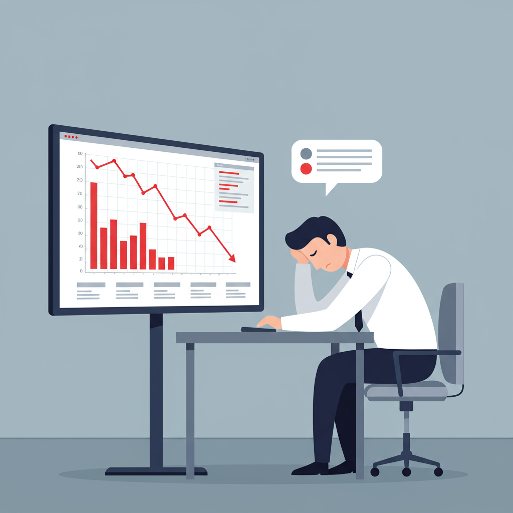 A person looking at conversion rates on a dashboard, frustrated by low numbers.