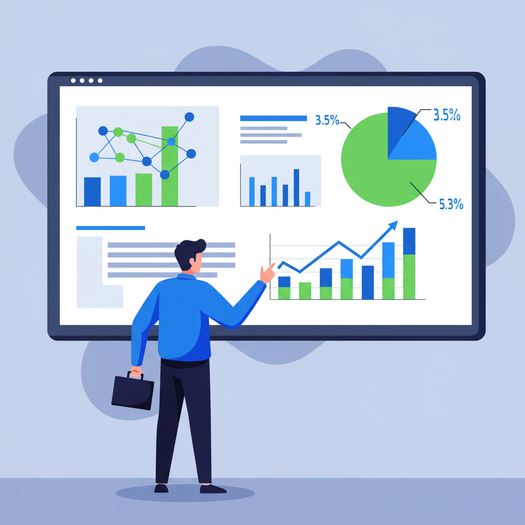 A person confidently presenting a business idea, backed by data visualizations on a screen.