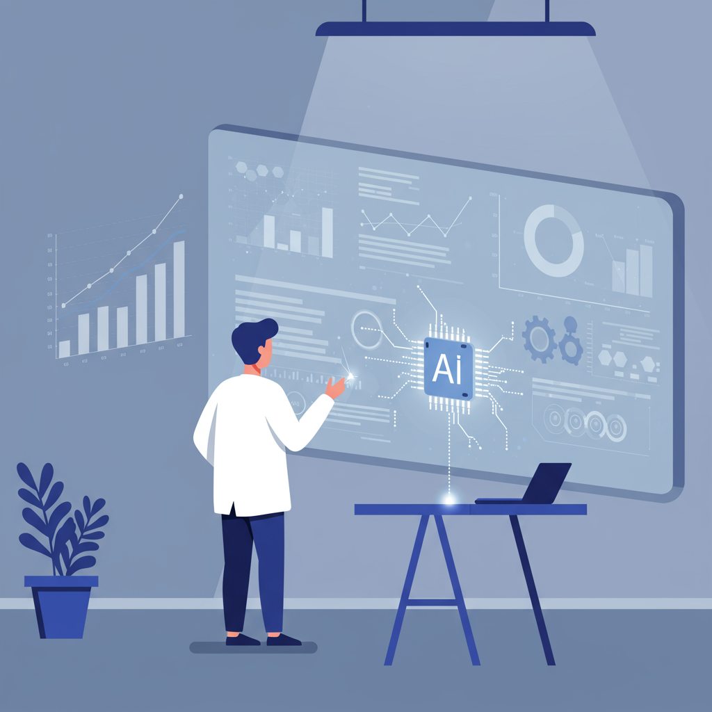 AI assisting a researcher in a modern office, analyzing data on a large screen.