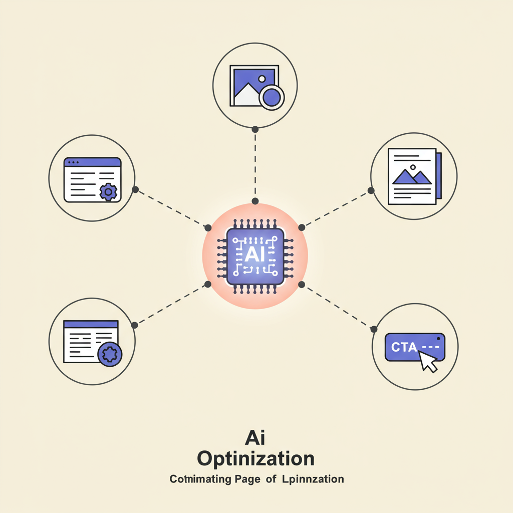 A flow chart showing AI optimizing various elements of a landing page: headline, copy, image, CTA button.