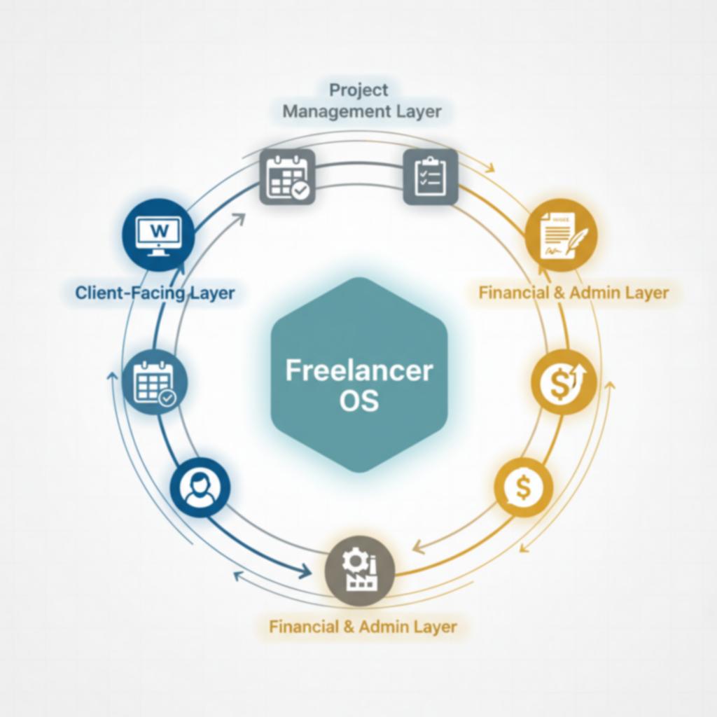 A flowchart illustrating the different components of a Freelancer Operating System connected together.