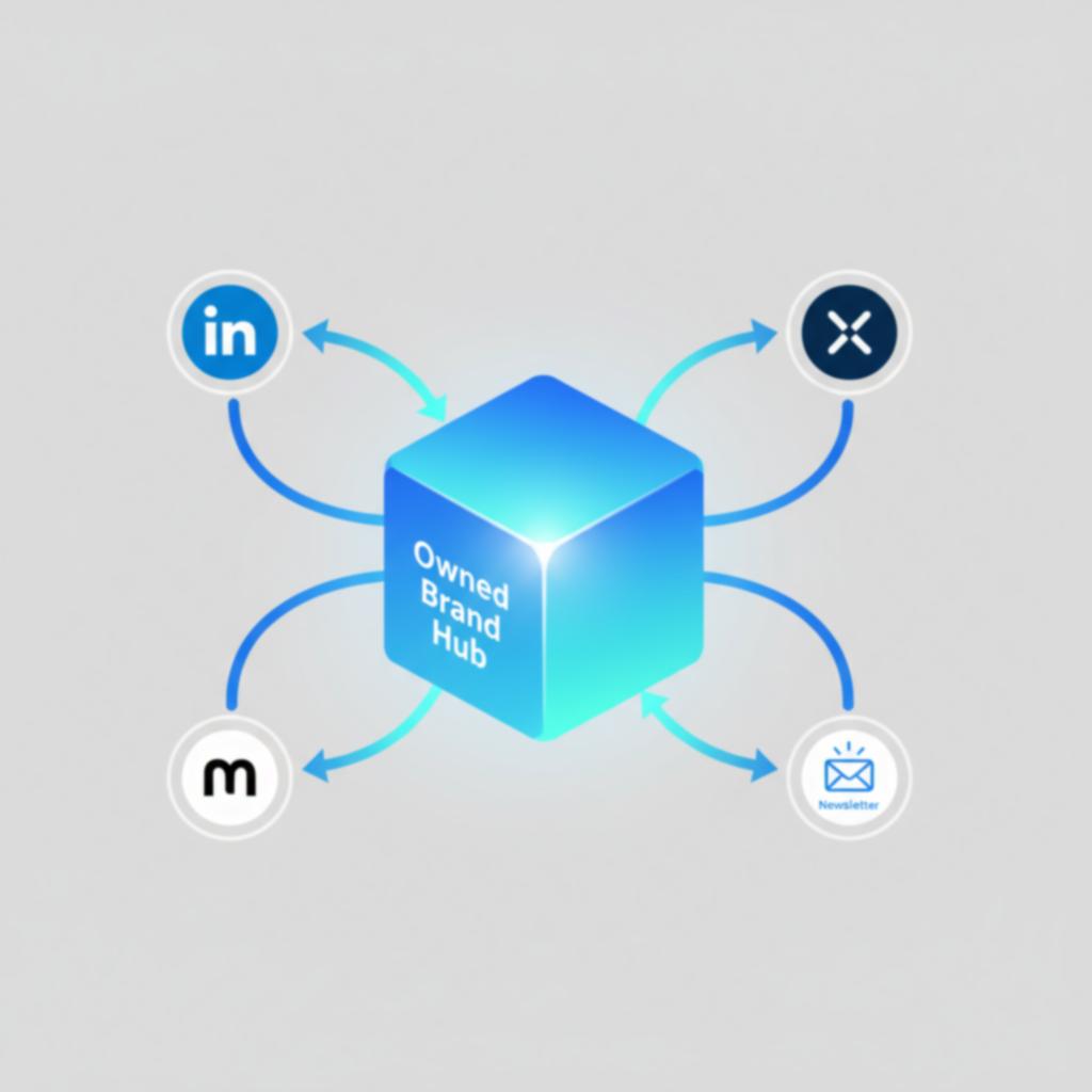 Diagram showing a central hub connecting to multiple social media outposts.