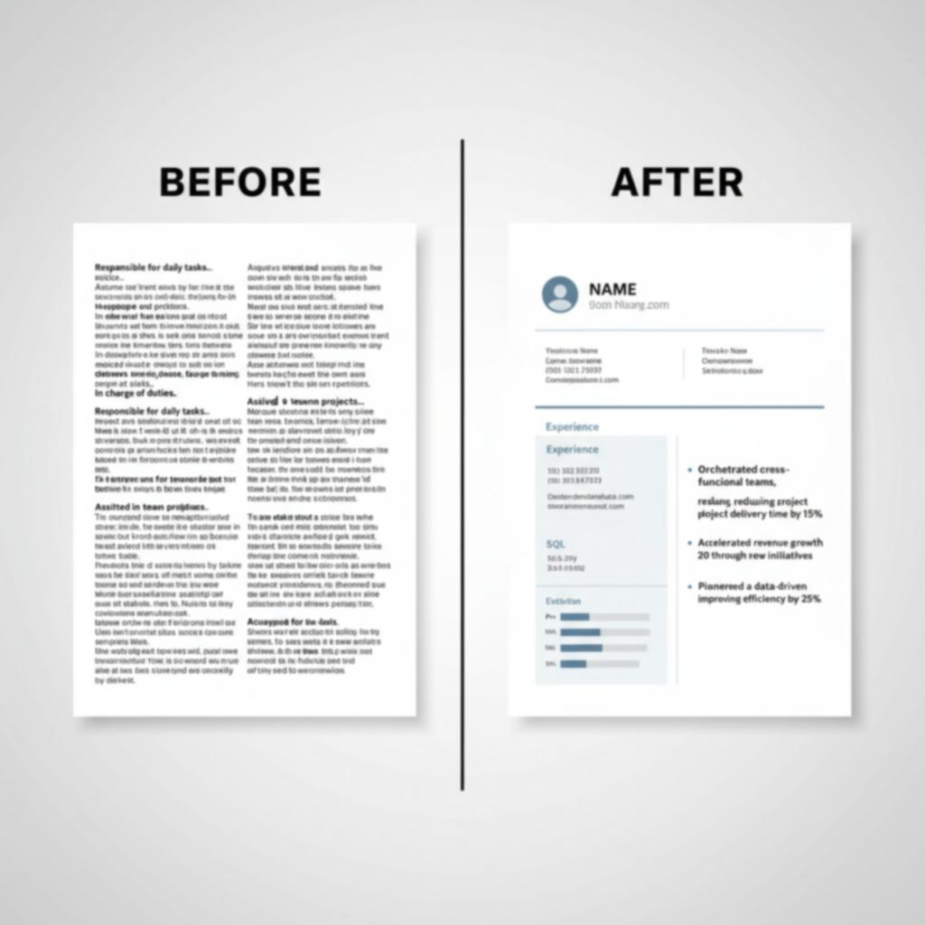 A split screen showing a generic resume on one side and a polished, AI-optimized resume on the other.