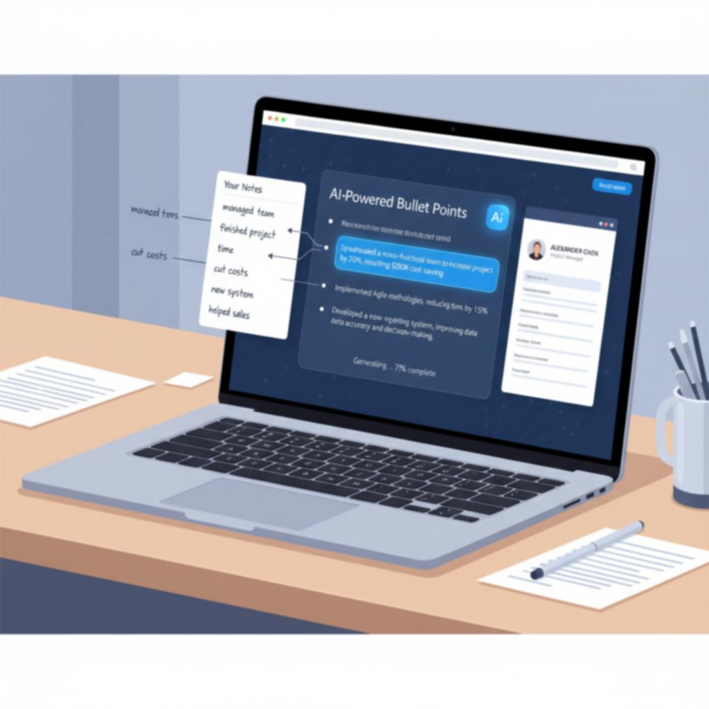 An AI interface generating resume bullet points on a screen.