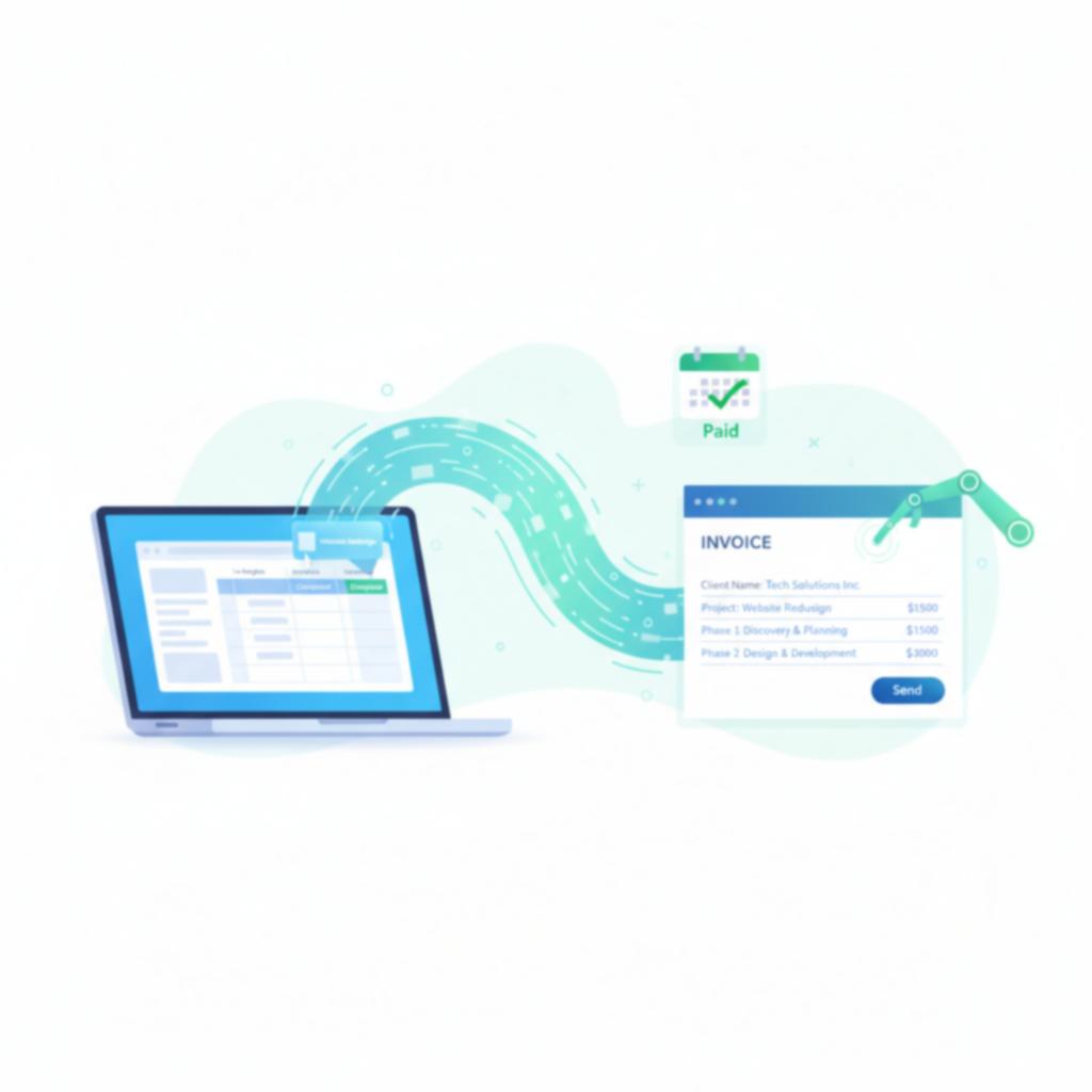 An invoice being generated automatically in a freelance finance tool like Wave or Bonsai.