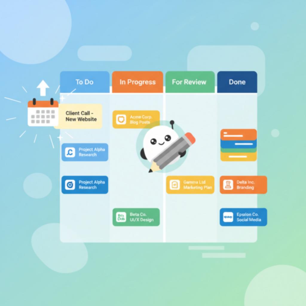 A Kanban board in Trello showing a freelance project's workflow.