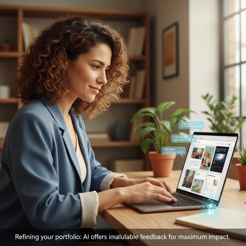 A person reviewing their AI-assisted portfolio on a laptop.