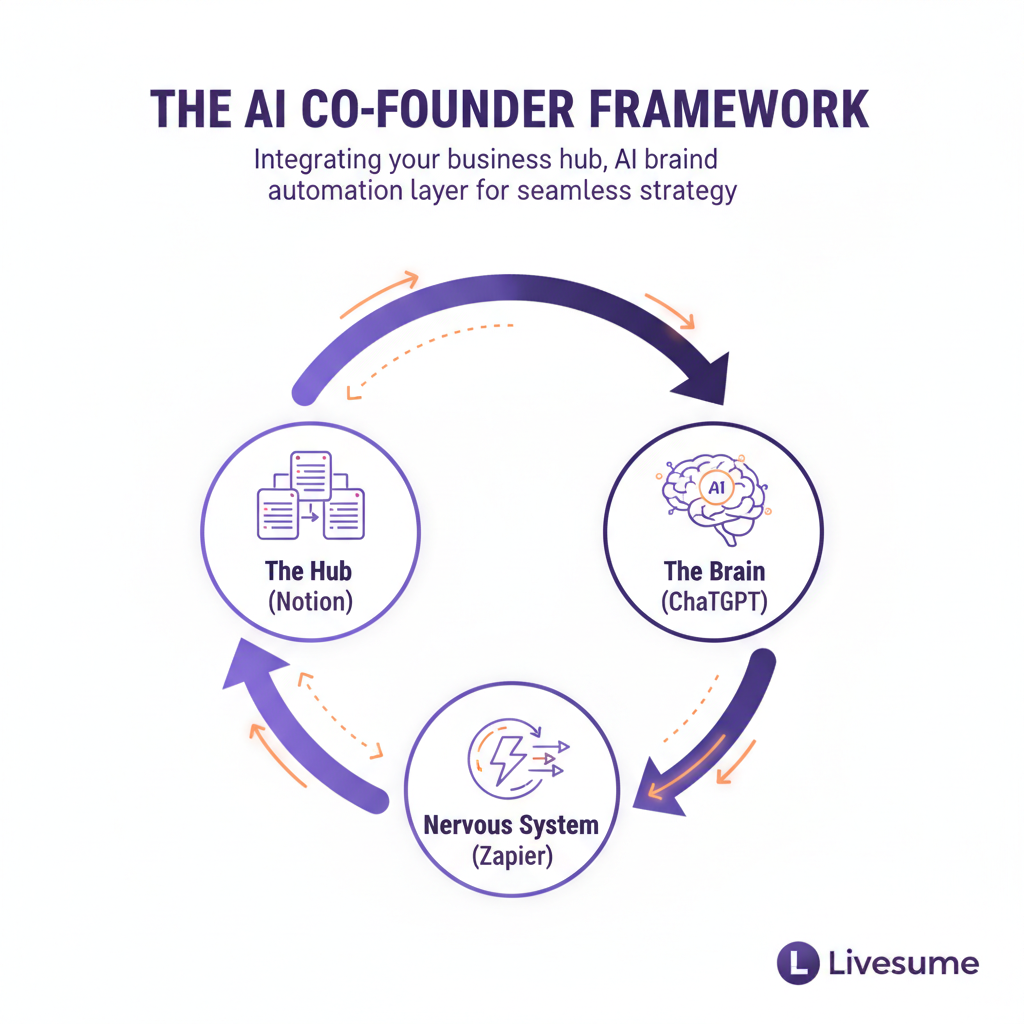 Diagram of the AI Co-Founder framework showing three interconnected parts.