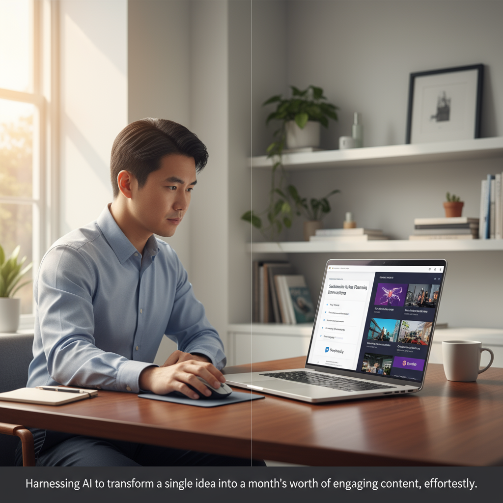 A consultant using AI tools on a computer to automate content creation.