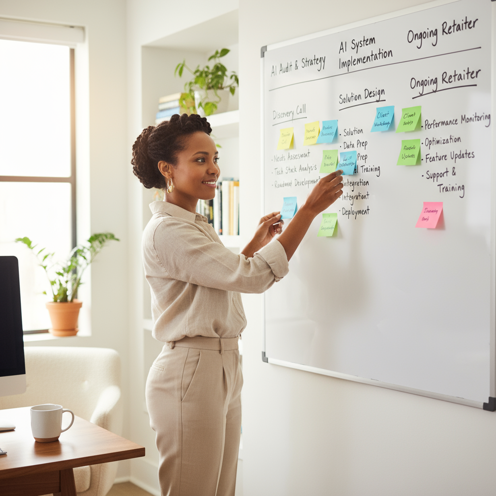 A freelancer mapping out AI service packages on a whiteboard.