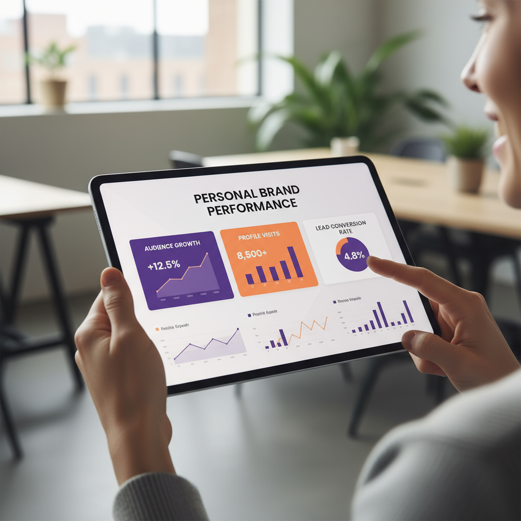A dashboard showing analytics and performance metrics for a personal brand.