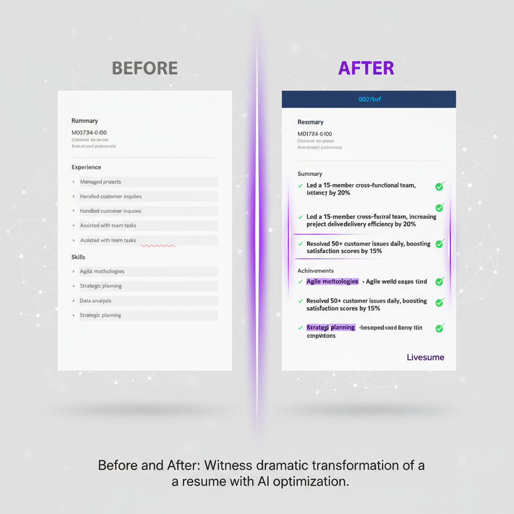 A split screen showing a resume before and after AI optimization.