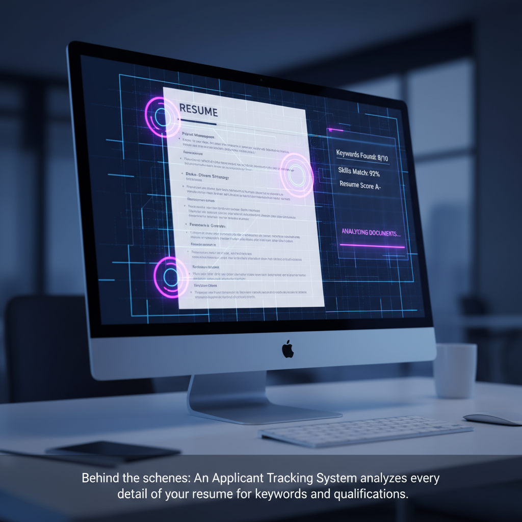 A resume being scanned by a futuristic AI interface.