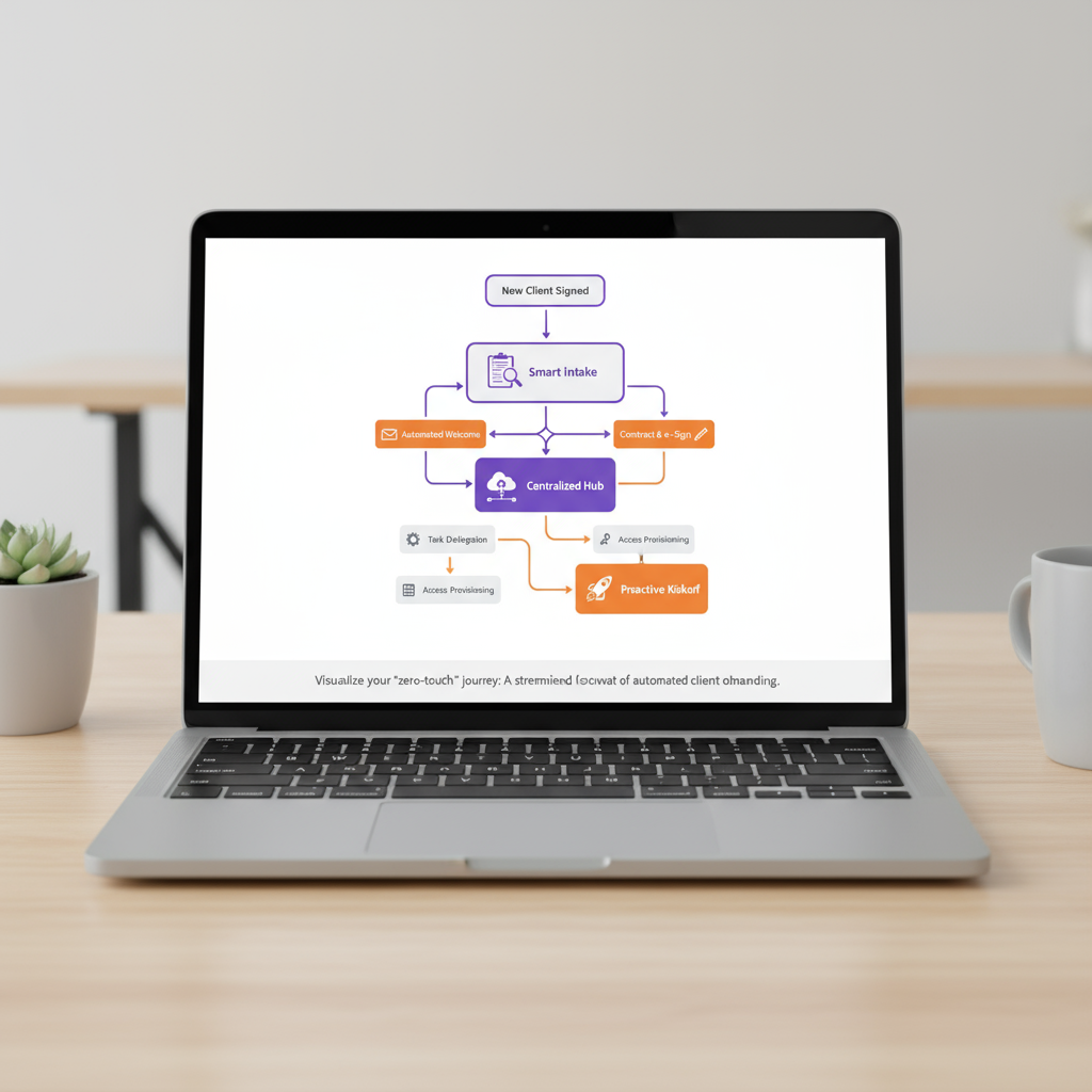 A flowchart showing an automated client onboarding system connecting forms, documents, and project management tools.