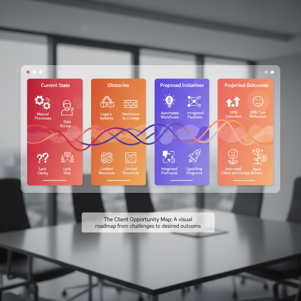 An AI-generated visual of a strategic map connecting problems to solutions.
