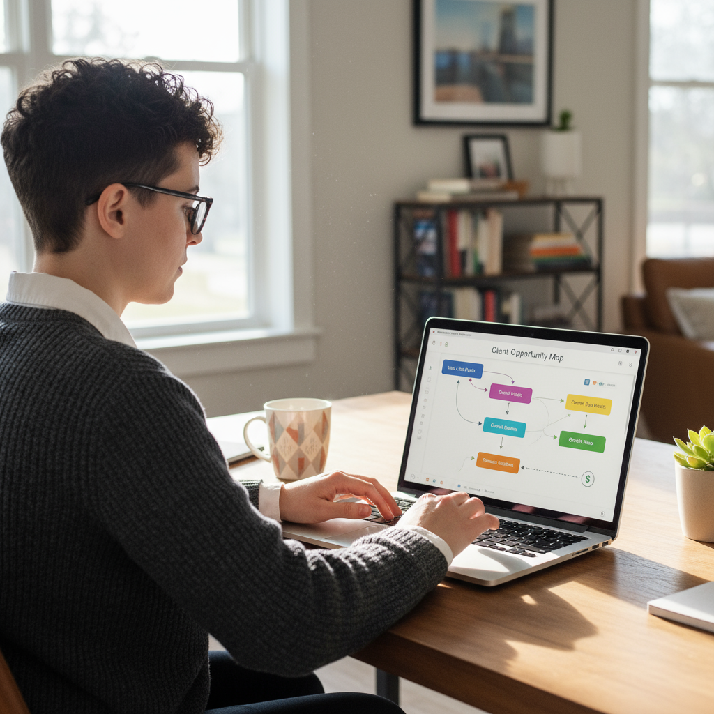A laptop screen showing a Client Opportunity Map being built in a visualization tool.