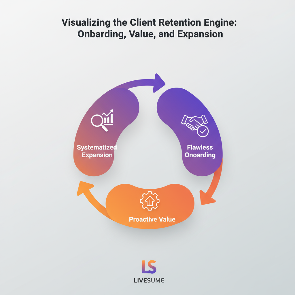 A diagram showing the three parts of the Client Retention Engine: Onboarding, Proactive Value, and Expansion.