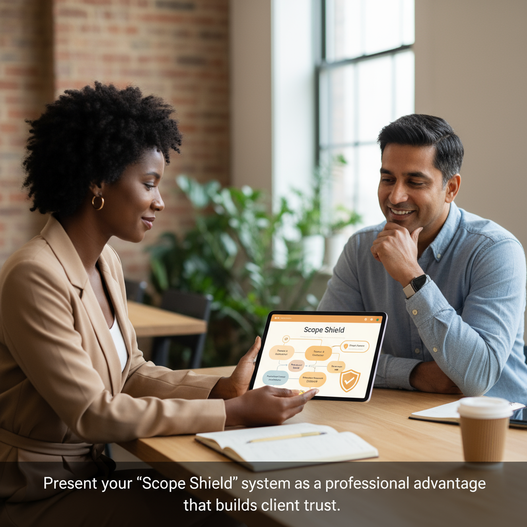 A freelancer confidently presenting their workflow on a tablet to a happy client.