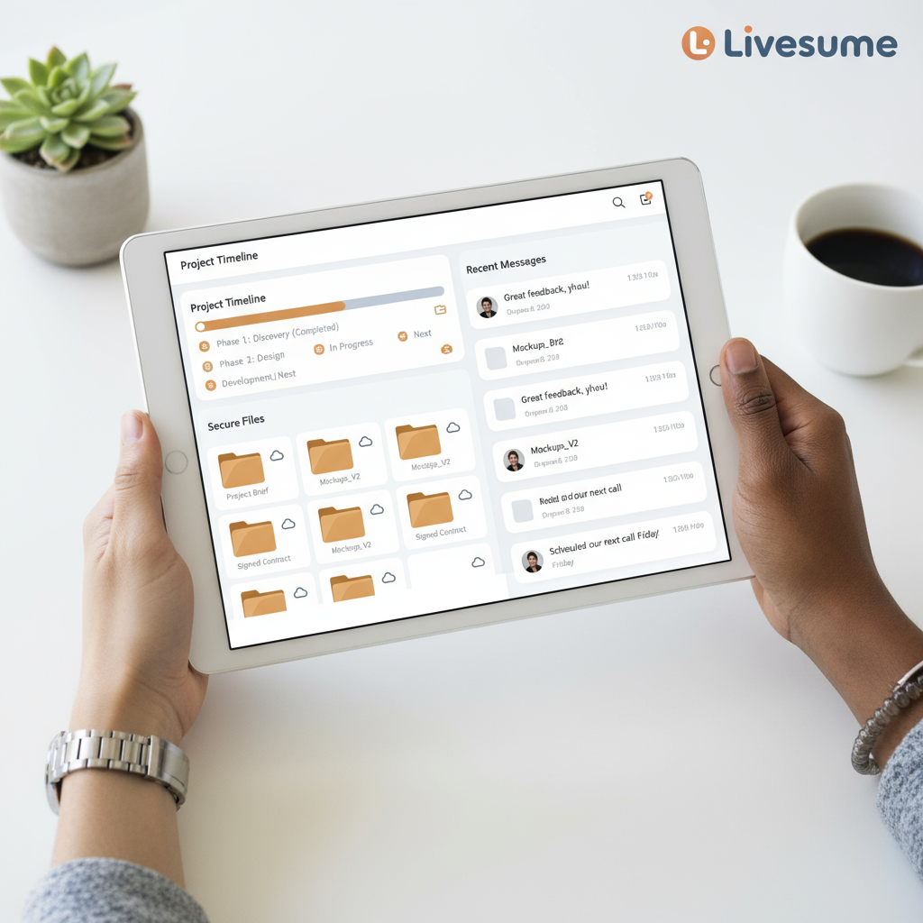 Dashboard of a clean and organized client portal showing project timeline, files, and recent messages.