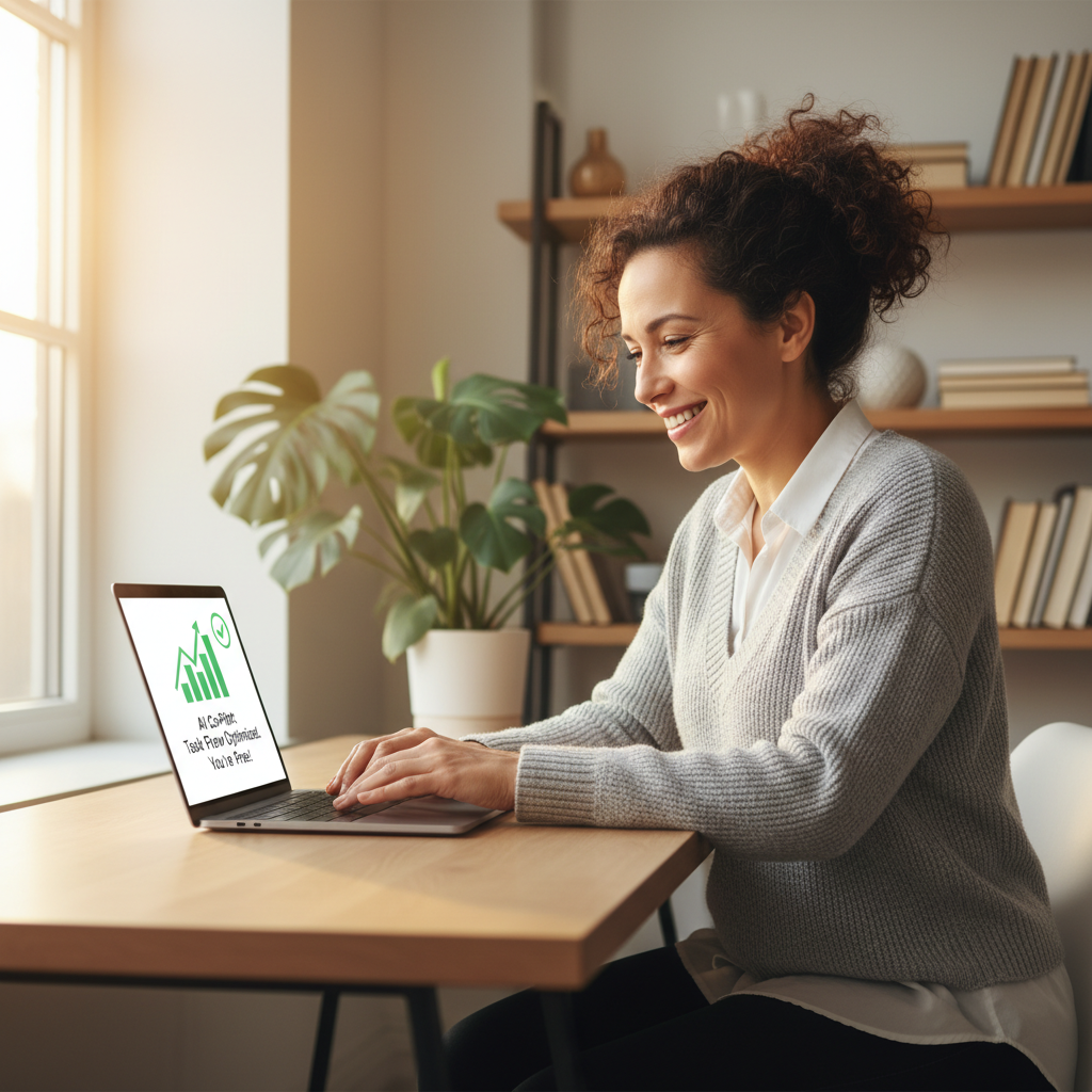 A freelancer looking relieved while interacting with their AI coach on a laptop.