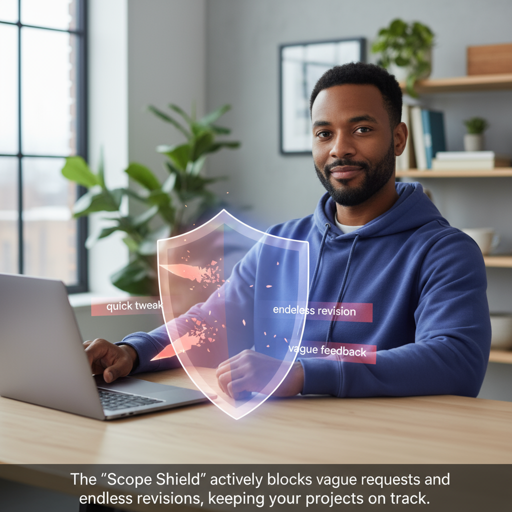 A conceptual image of a shield protecting a freelancer working on a laptop from incoming arrows labeled 'tweaks' and 'revisions'.