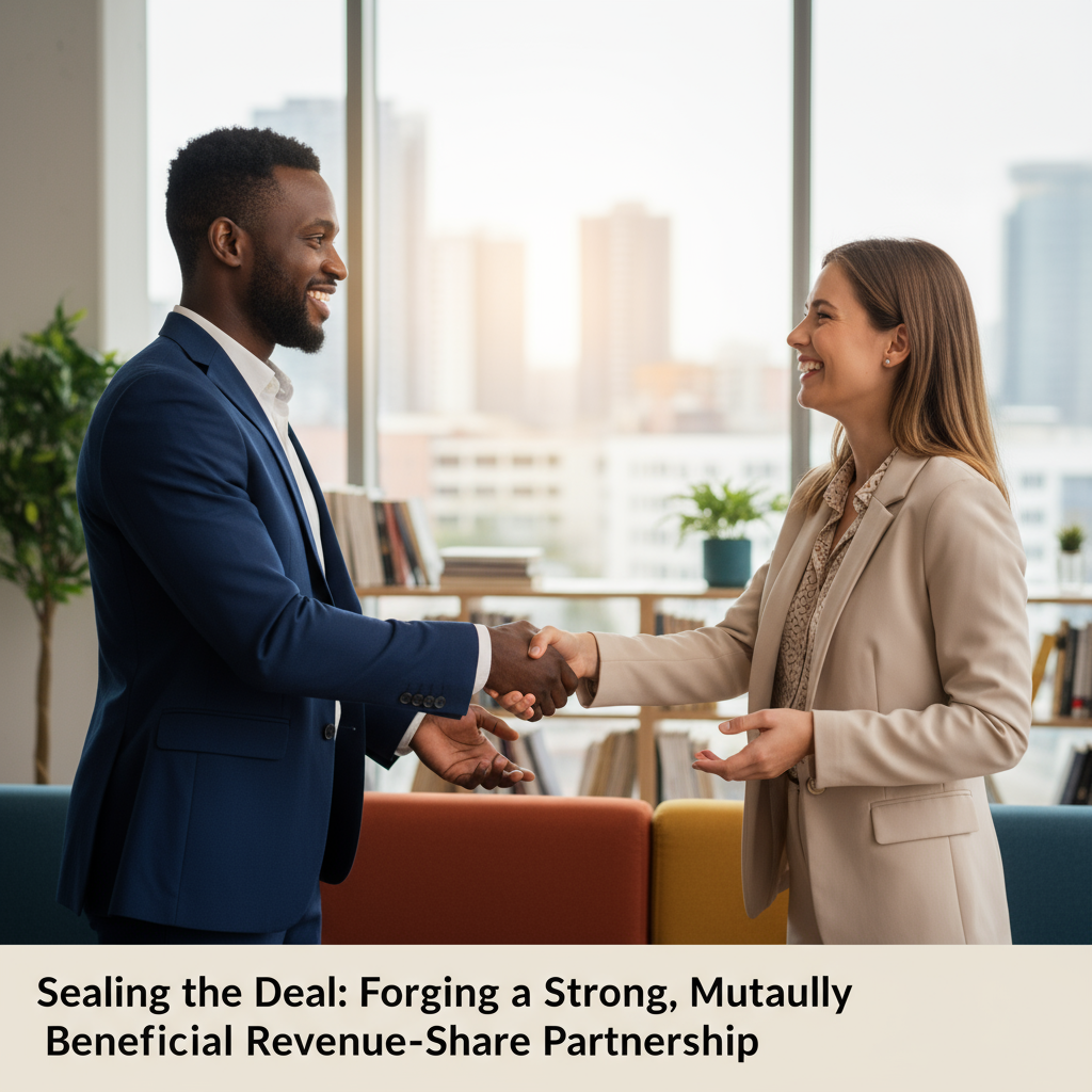 Two people shaking hands, symbolizing a successful partnership agreement.