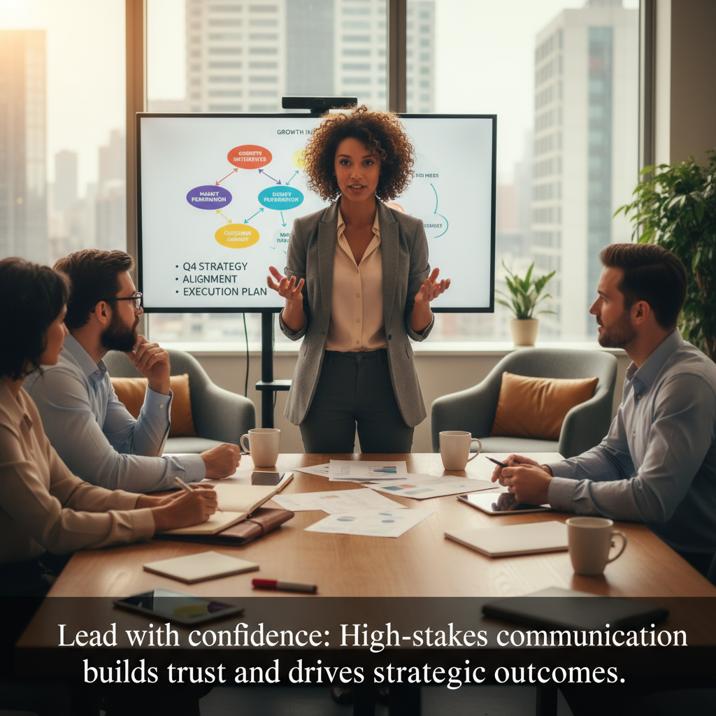 A freelancer confidently leading a strategy workshop with a client.
