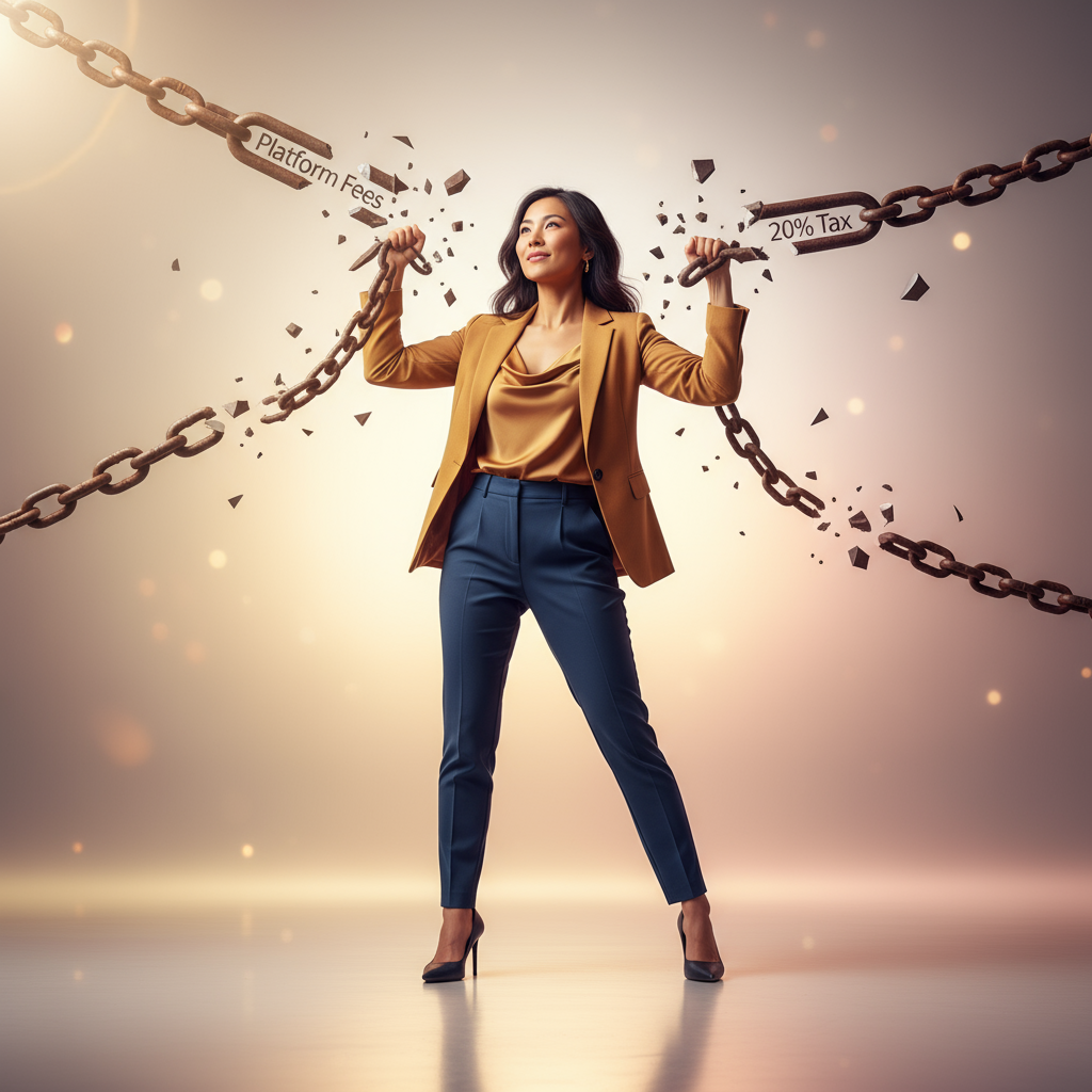 A freelancer breaking free from chains labeled 'platform fees'.