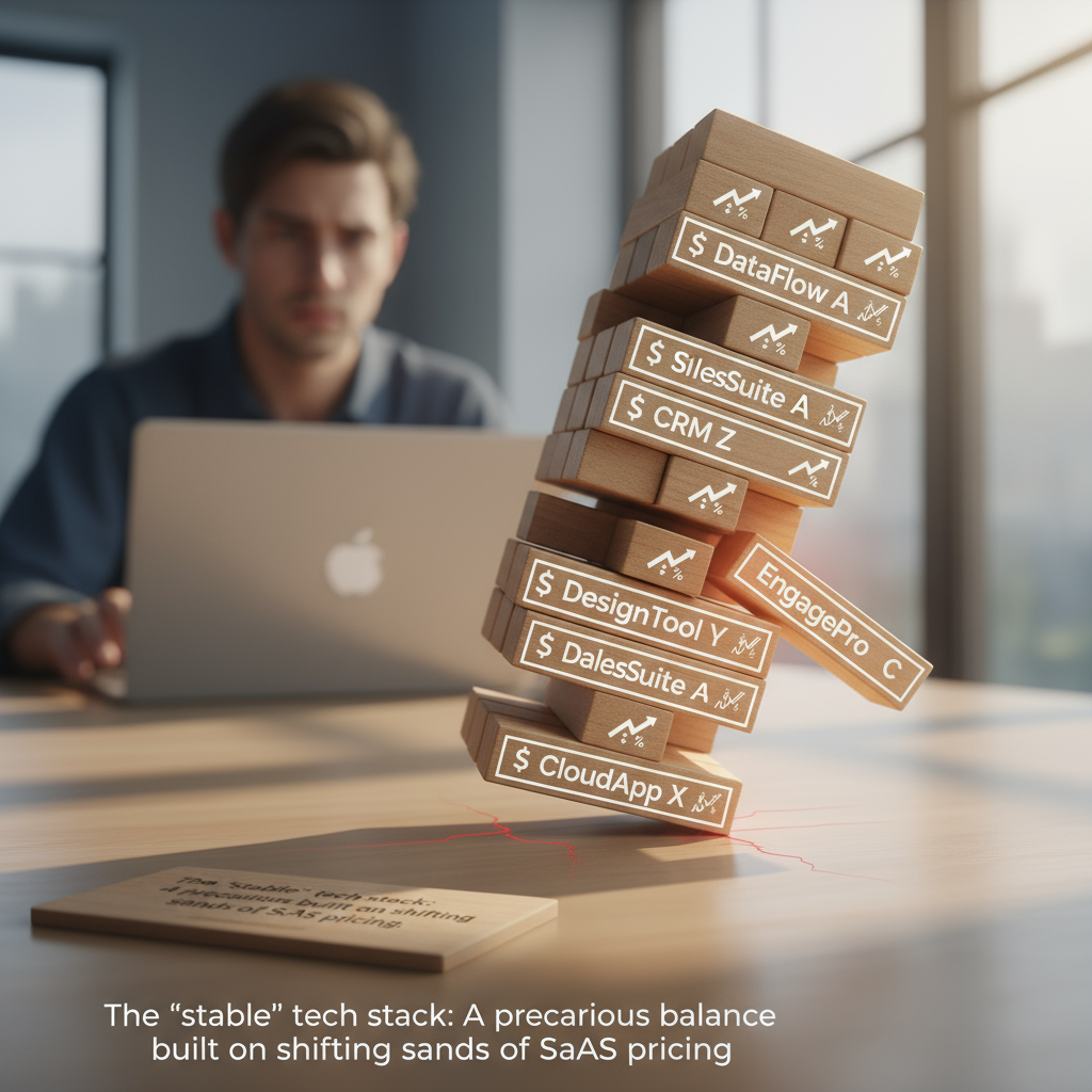 A visual representation of a fragile tech stack built on volatile SaaS products.