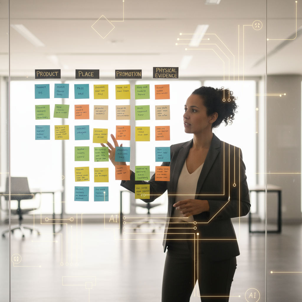 A freelancer mapping out a strategic plan using sticky notes on a glass wall, with AI icons overlaid.