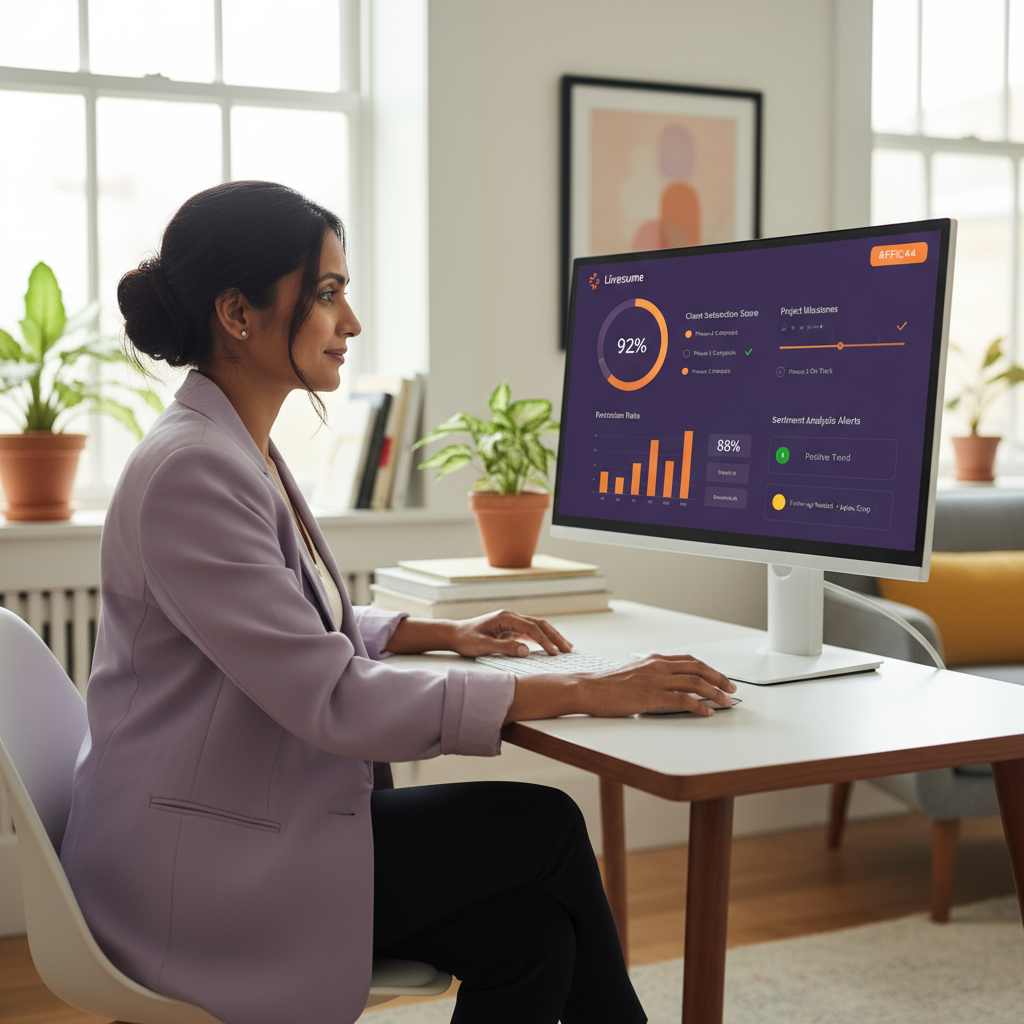 A freelancer looking at a client dashboard with satisfaction scores and project milestones.