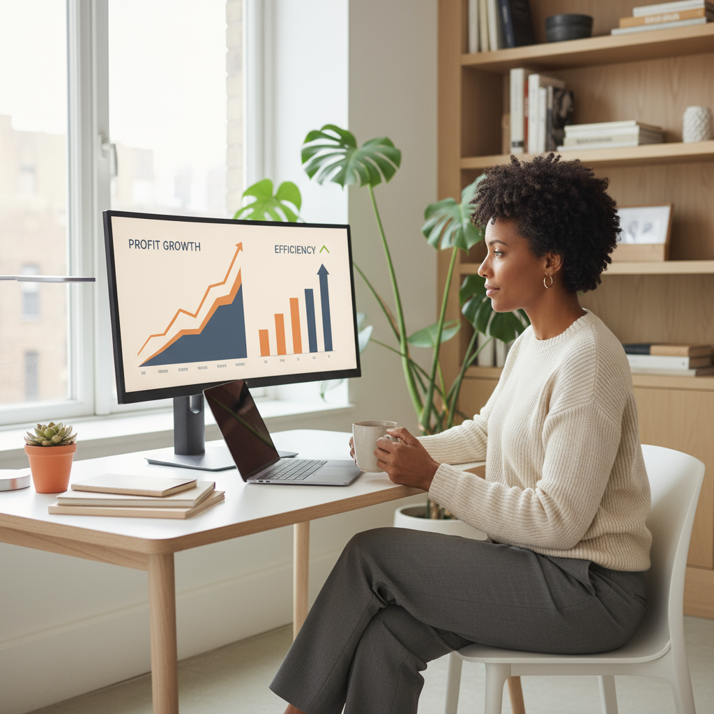 A freelancer at a desk with charts and graphs showing profit growth after switching to value-based pricing.