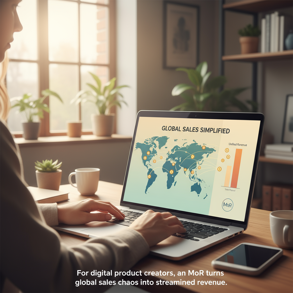 A world map with transaction icons popping up, funneling into a single, simplified dashboard labeled Merchant of Record.