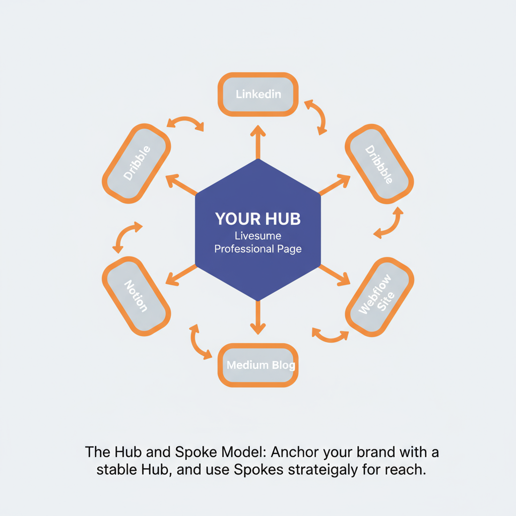 Diagram of the Hub and Spoke model with a central professional page and various SaaS tools as spokes.