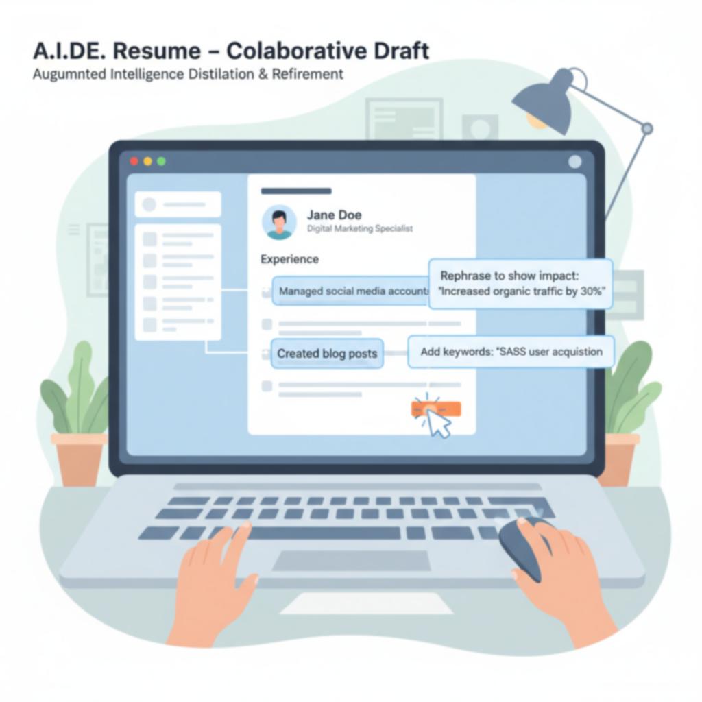 A user interface showing a resume being edited on a modern computer screen.