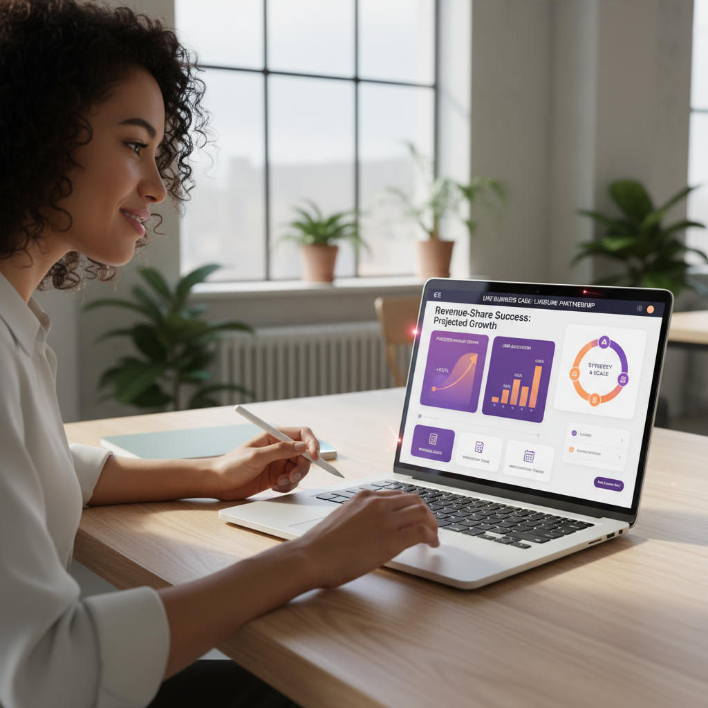 An illustration of a dynamic 'Live Business Case' webpage on a laptop.