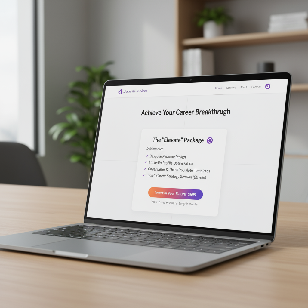 A sleek digital portfolio on a laptop screen showcasing a service package with clear pricing and deliverables.