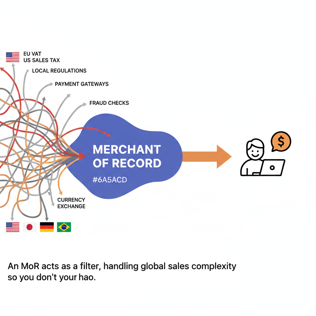A flowchart showing the complex web of global taxes simplifying into a single path through a Merchant of Record.