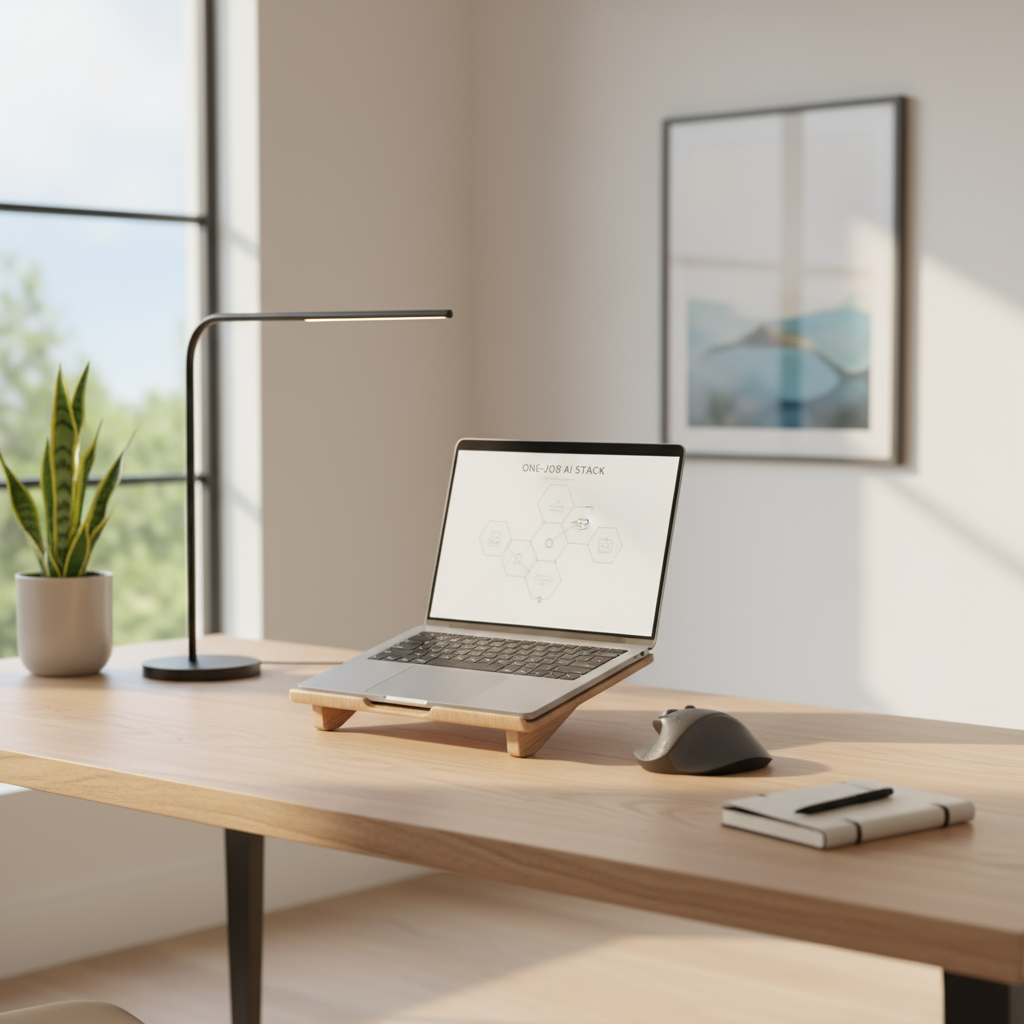 A minimalist desk setup with a laptop and a few essential items, symbolizing a simplified tech stack.