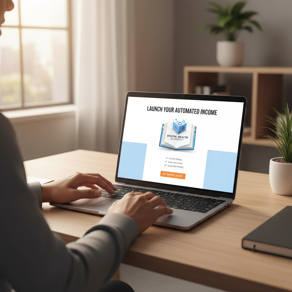 A sleek landing page on a laptop, designed to sell a digital product.