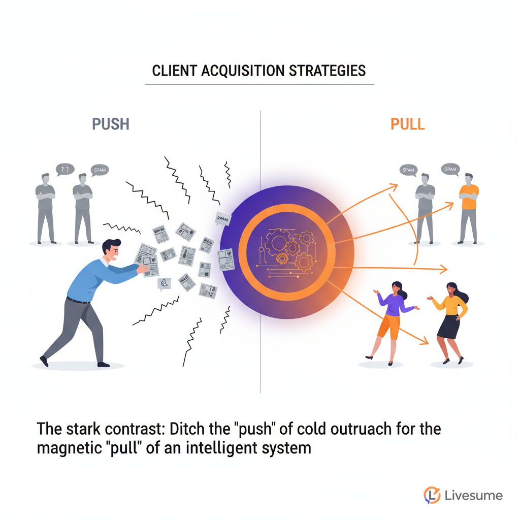 A diagram showing clients being pulled towards a consultant's system instead of being pushed by outreach.