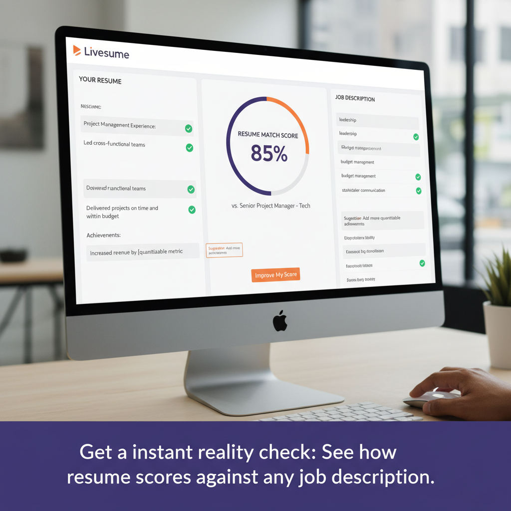 A dashboard showing a resume's score against a job description.