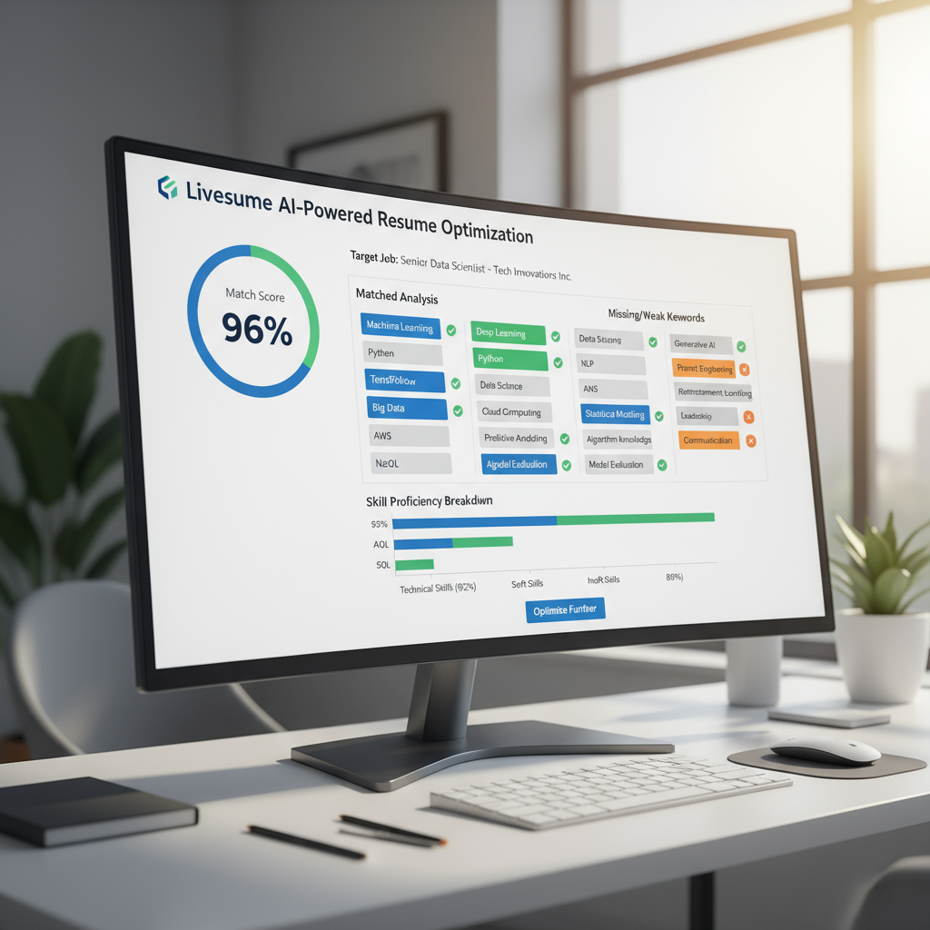 A dashboard showing a resume score and keyword analysis.