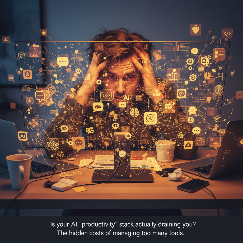 A tangled web of AI tool icons leading to a stressed solopreneur.