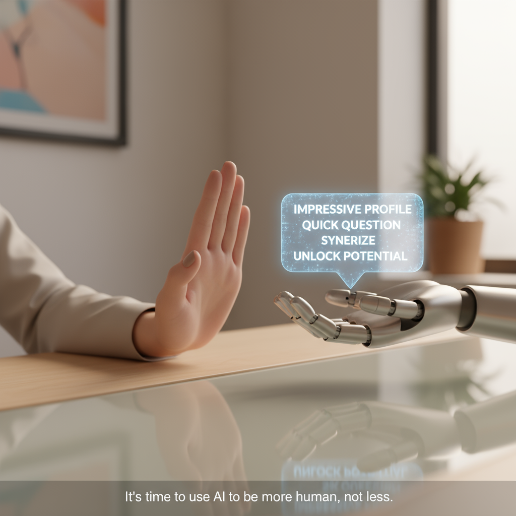 An AI bot being blocked by a human hand, symbolizing the anti-spam approach to outreach.