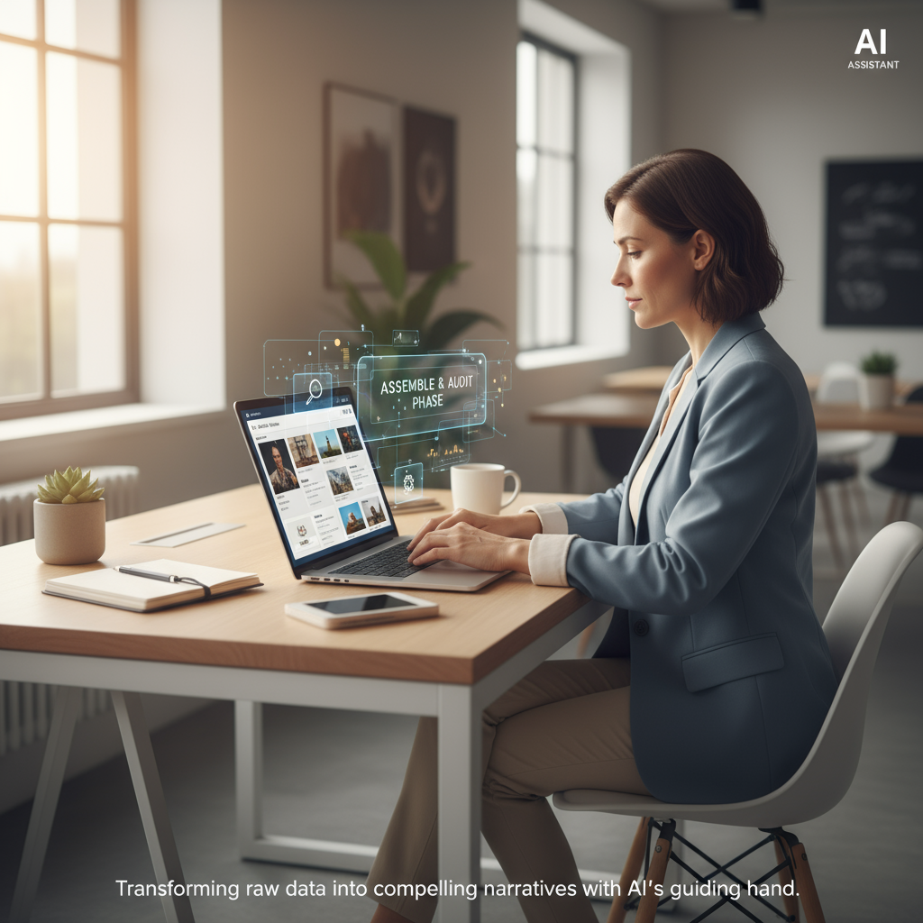 An AI helping to organize and build a digital portfolio on a computer screen.