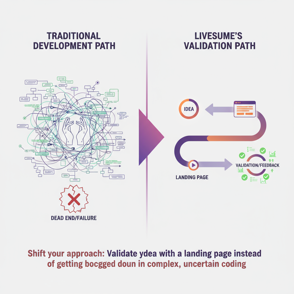 A simple flowchart showing an idea leading to a landing page for validation instead of complex code.
